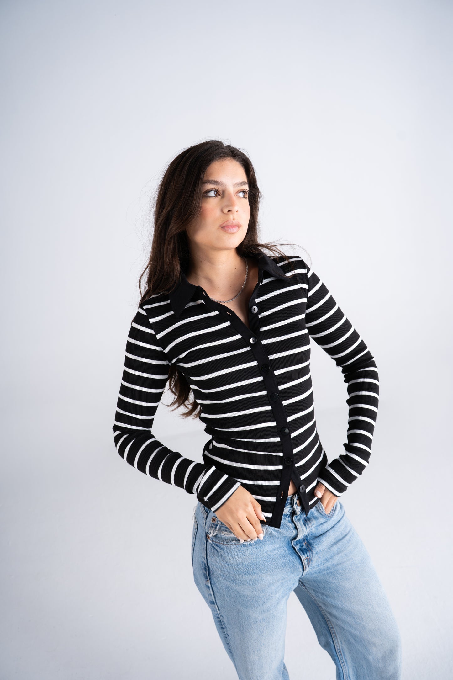 Striped All-button up Long sleeve top