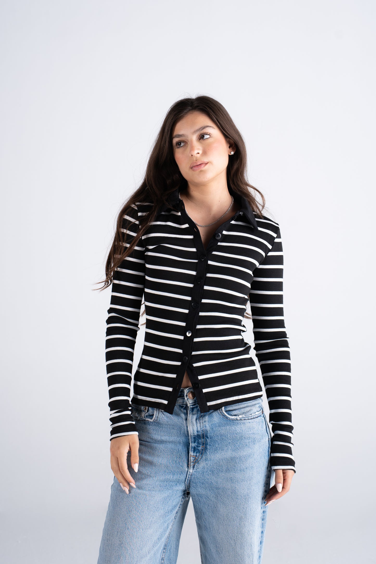 Striped All-button up Long sleeve top