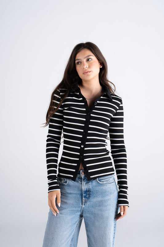 Striped All-button up Long sleeve top