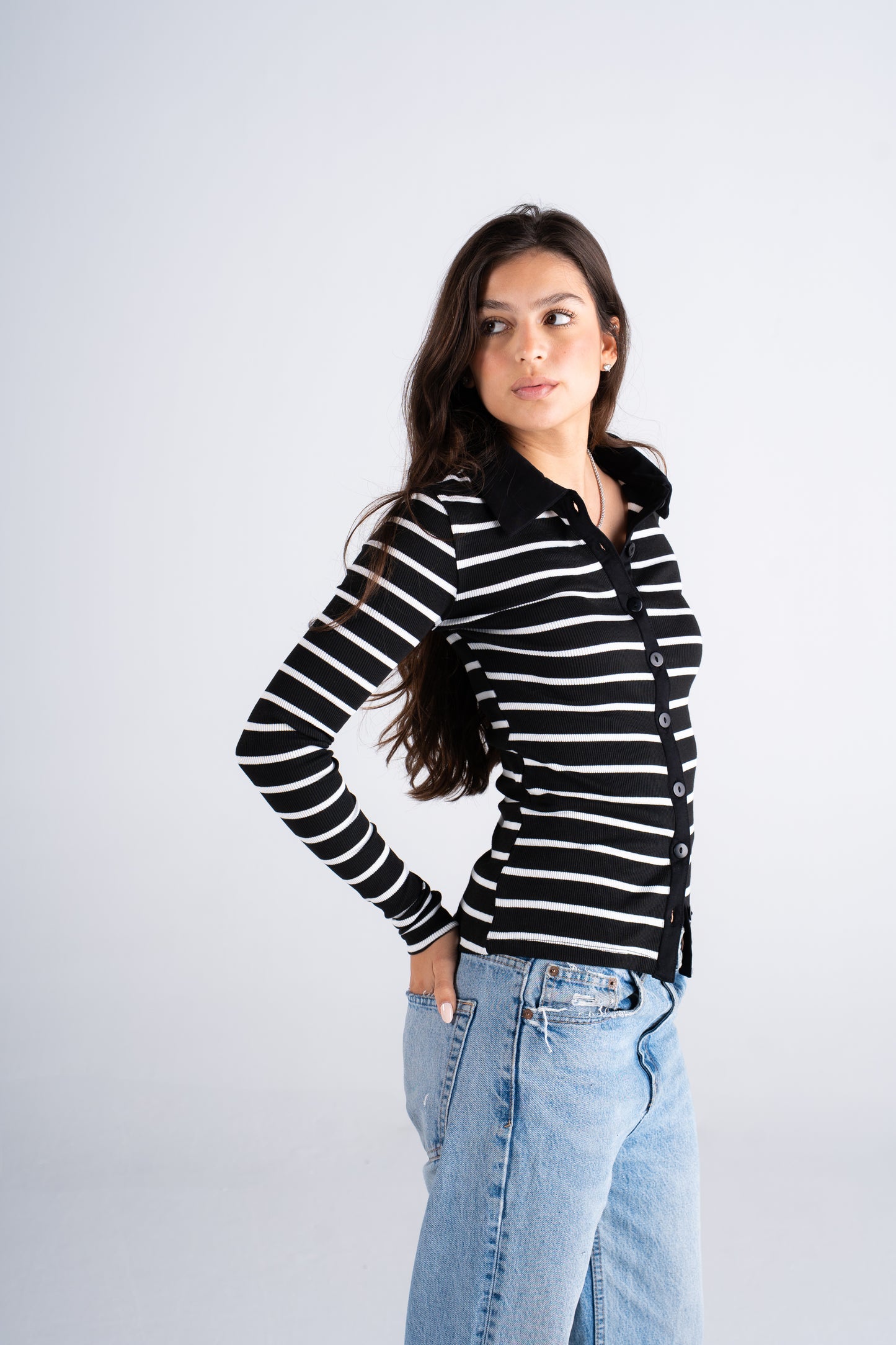 Striped All-button up Long sleeve top
